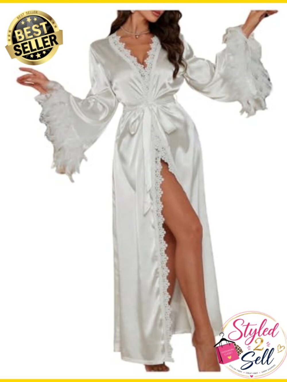 Satin Robe Long Sleeve Lace Trim Belted Bathrobe Backless